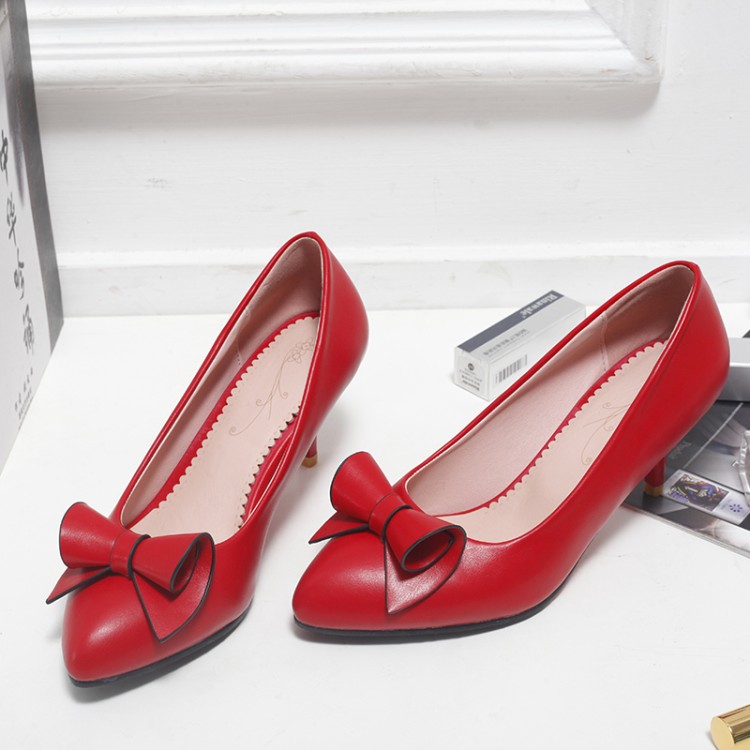 Women’s Fashion Pointed Toe Slip-On Shoes with Bow and Mid Heel